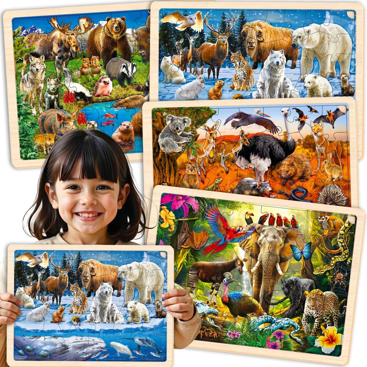 4 Set 36 Pcs Wooden Puzzles for Kids | Polar & Tropical Animals